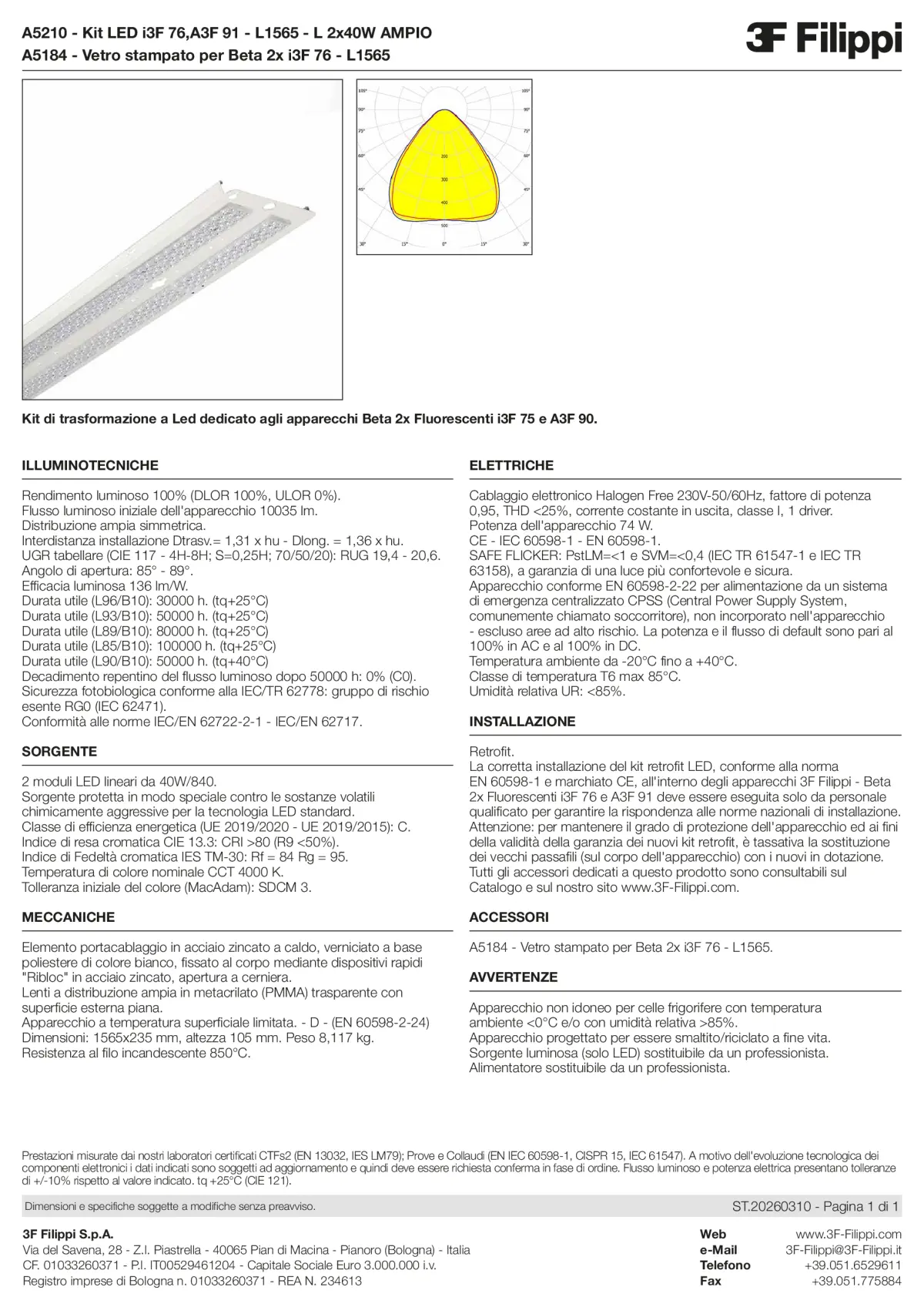 A5210+A5184 - Kit LED i3F 76,A3F 91 - L1565 - L 2x40W AMPIO + VS - Datasheet - it
