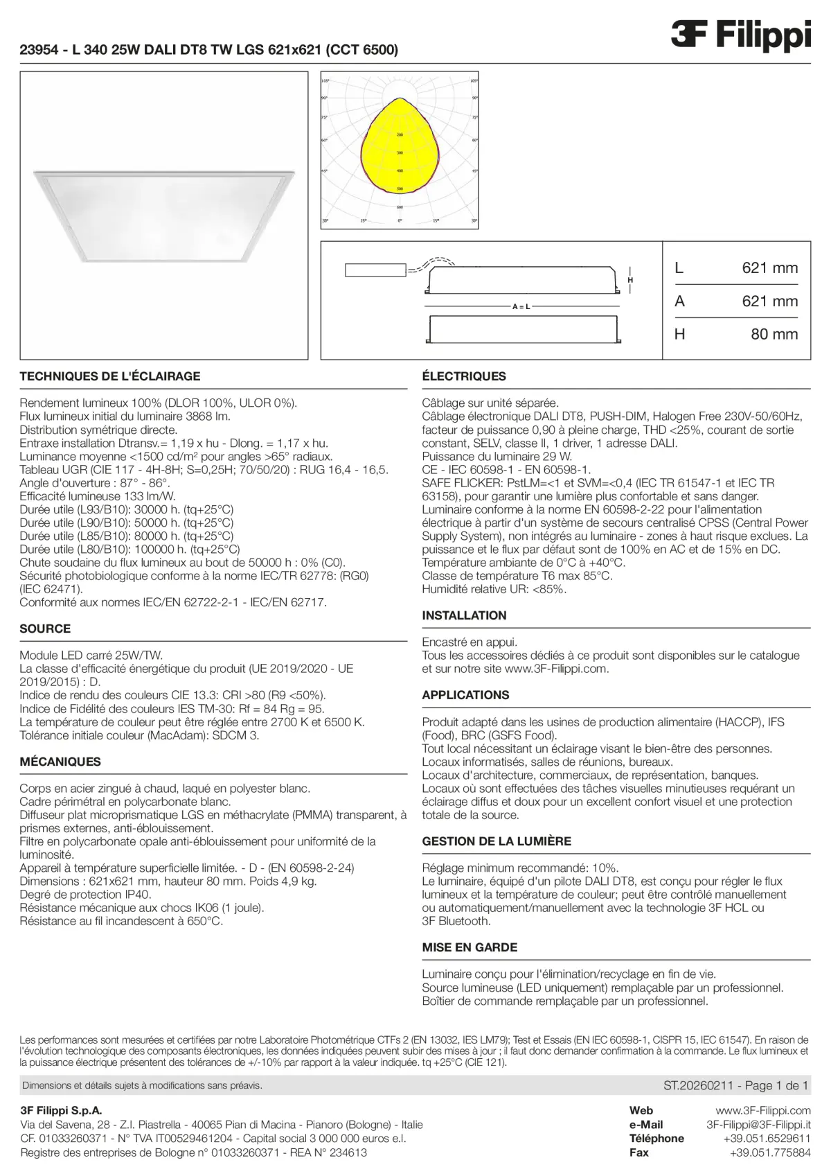 23954 - L 340 25W DALI DT8 TW LGS 621x621 (CCT 6500) - Datasheet - fr
