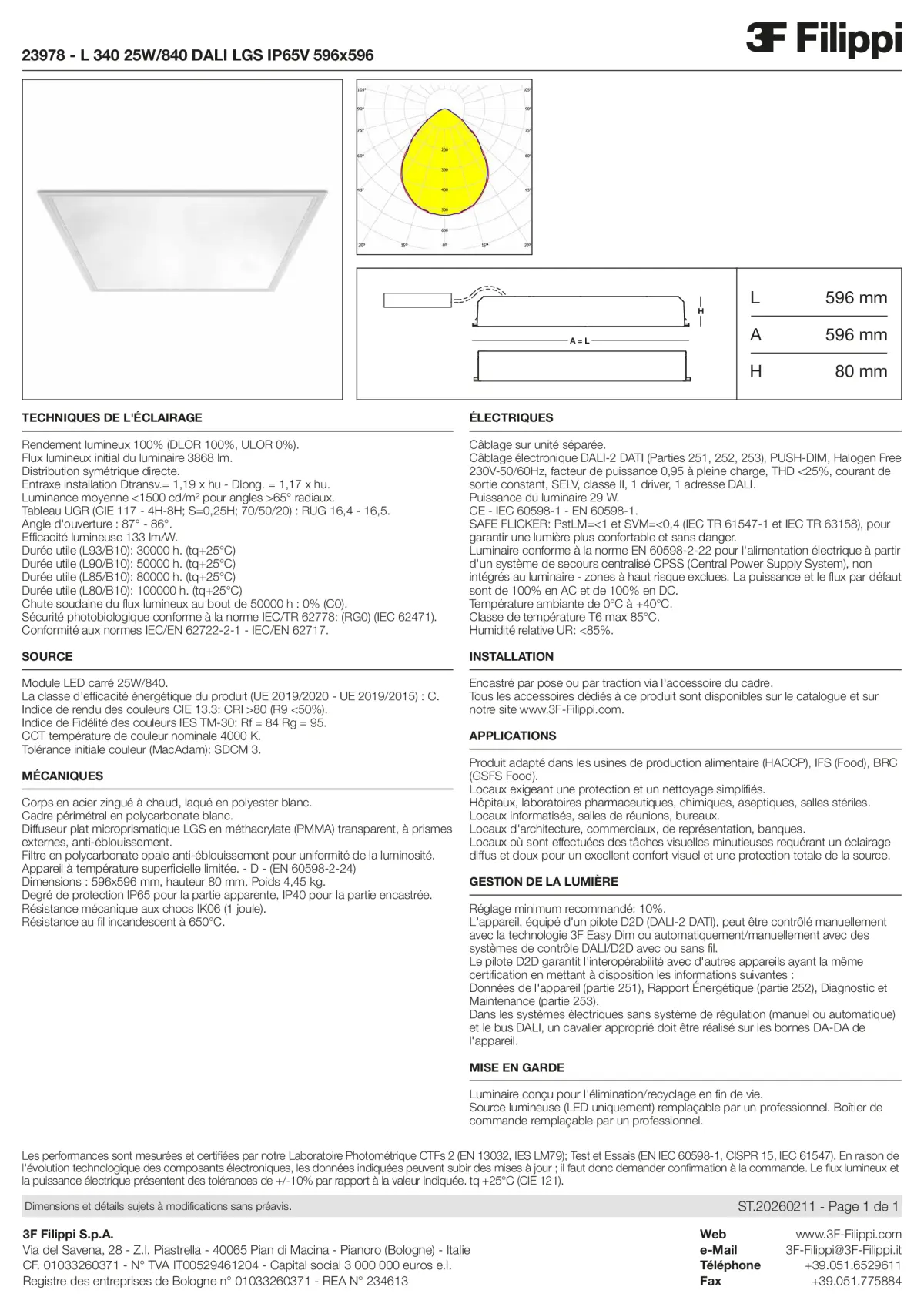 23978 - L 340 25W-840 DALI LGS IP65V 596x596 - Datasheet - fr