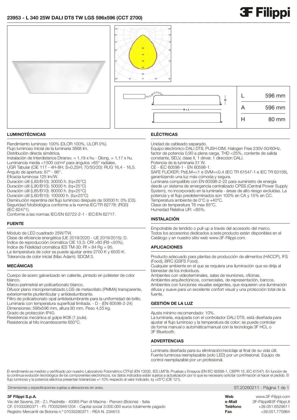23953 - L 340 25W DALI DT8 TW LGS 596x596 (CCT 2700) - Datasheet - es