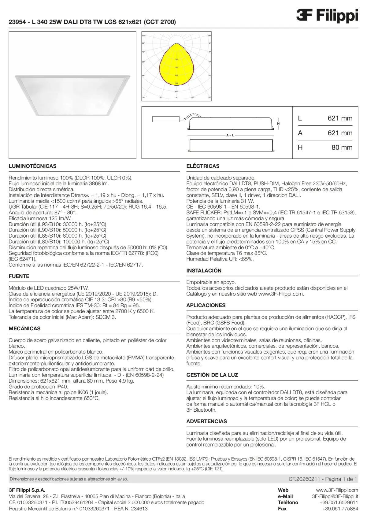 23954 - L 340 25W DALI DT8 TW LGS 621x621 (CCT 2700) - Datasheet - es