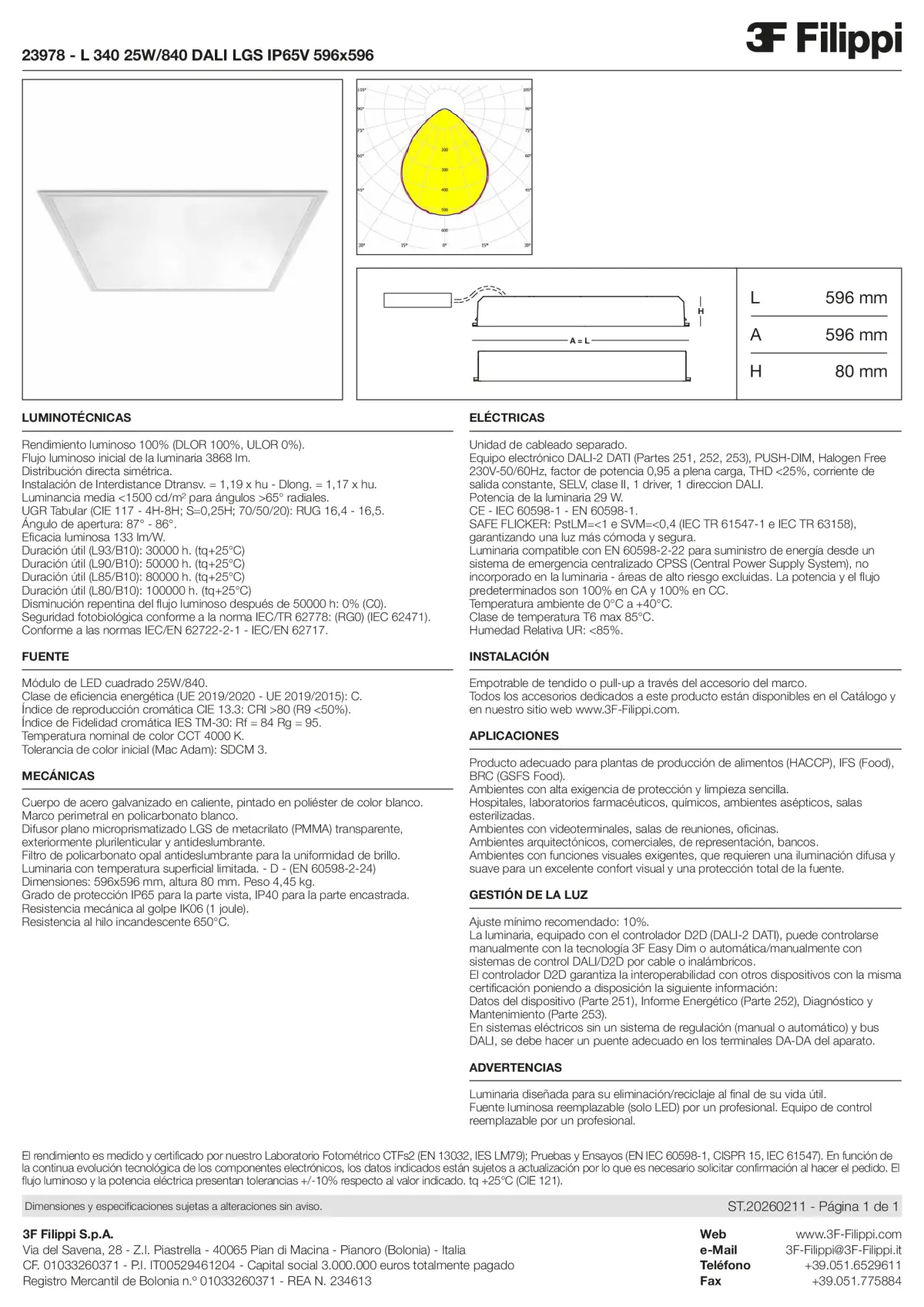 23978 - L 340 25W-840 DALI LGS IP65V 596x596 - Datasheet - es