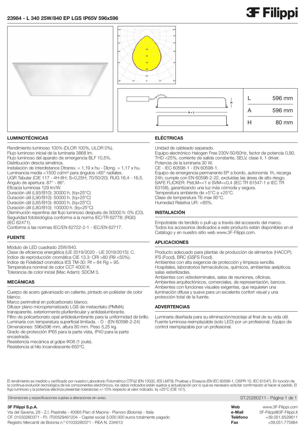 23984 - L 340 25W-840 EP LGS IP65V 596x596 - Datasheet - es