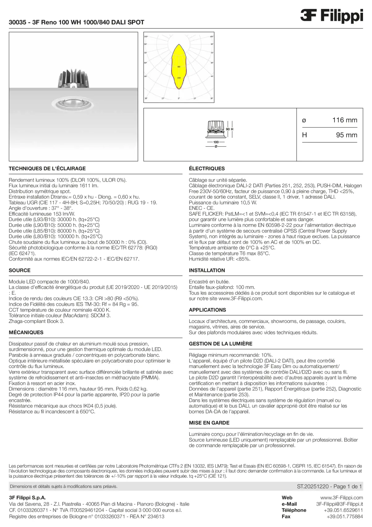 30035 - 3F Reno 100 WH 1000-840 DALI SPOT - Datasheet - fr