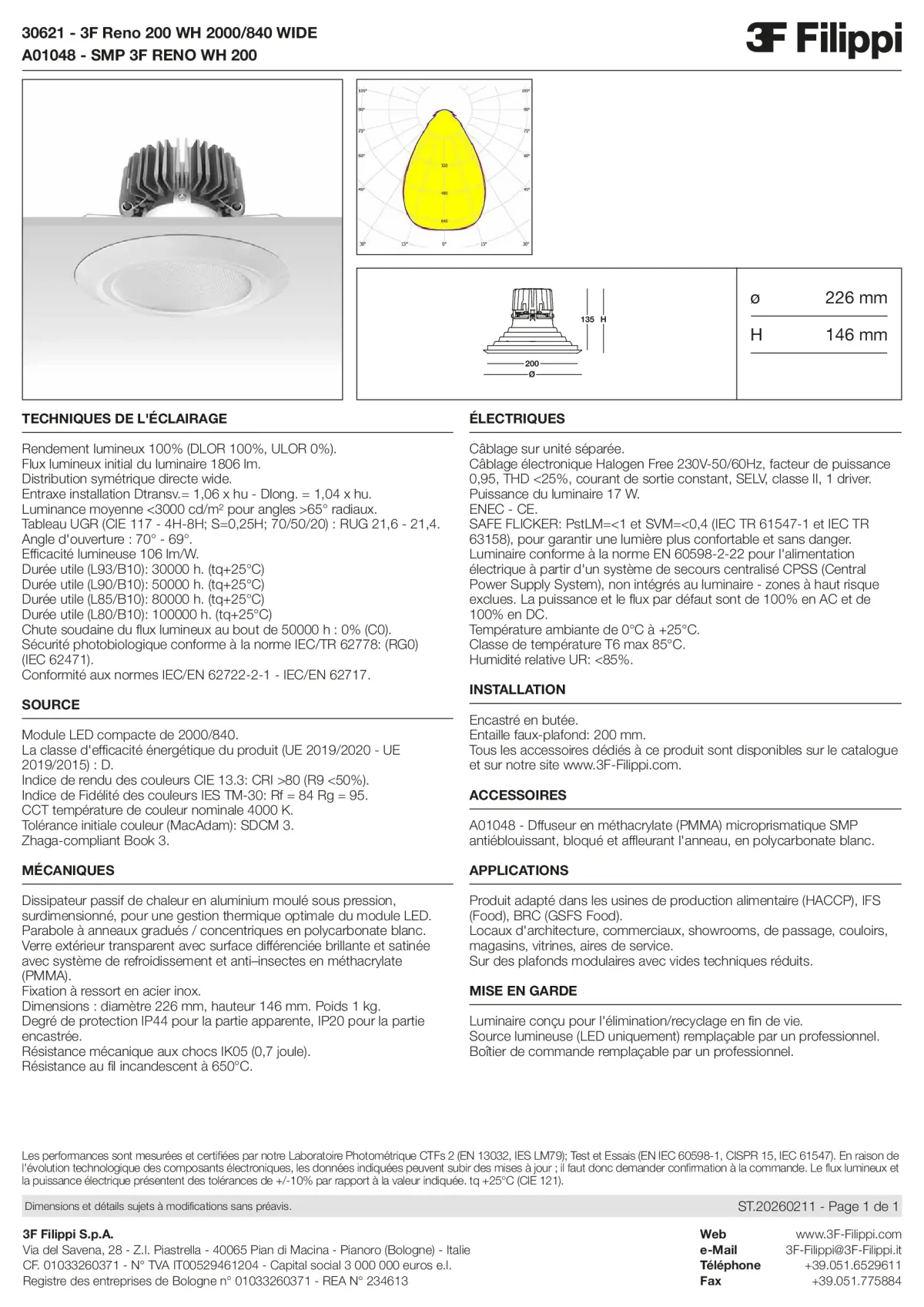 30621+A01048 - 3F Reno 200 WH 2000-840 WIDE + SMP WH - Datasheet - fr