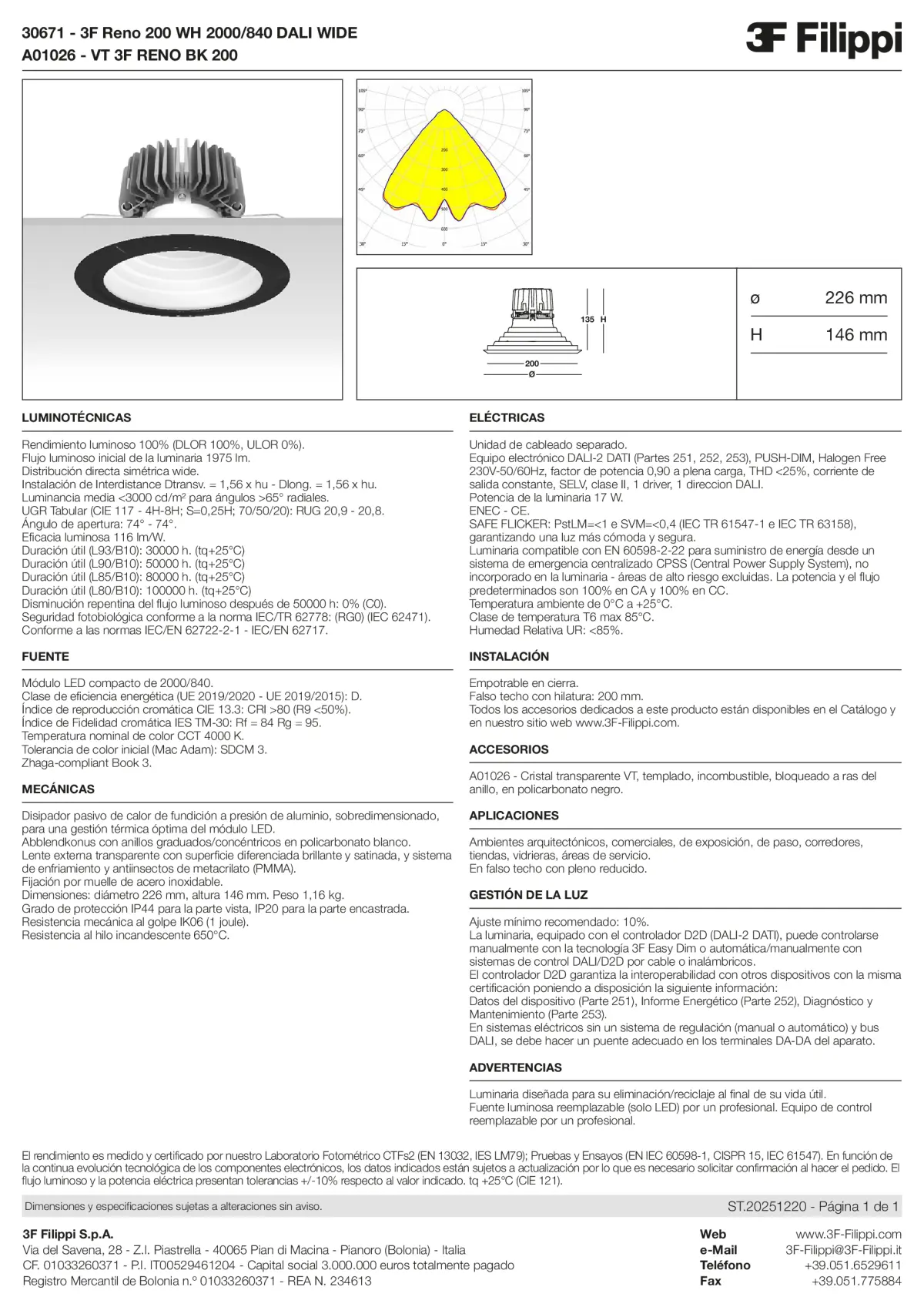 30671+A01026 - 3F Reno 200 WH 2000-840 DALI WIDE + VT BK - Datasheet - es