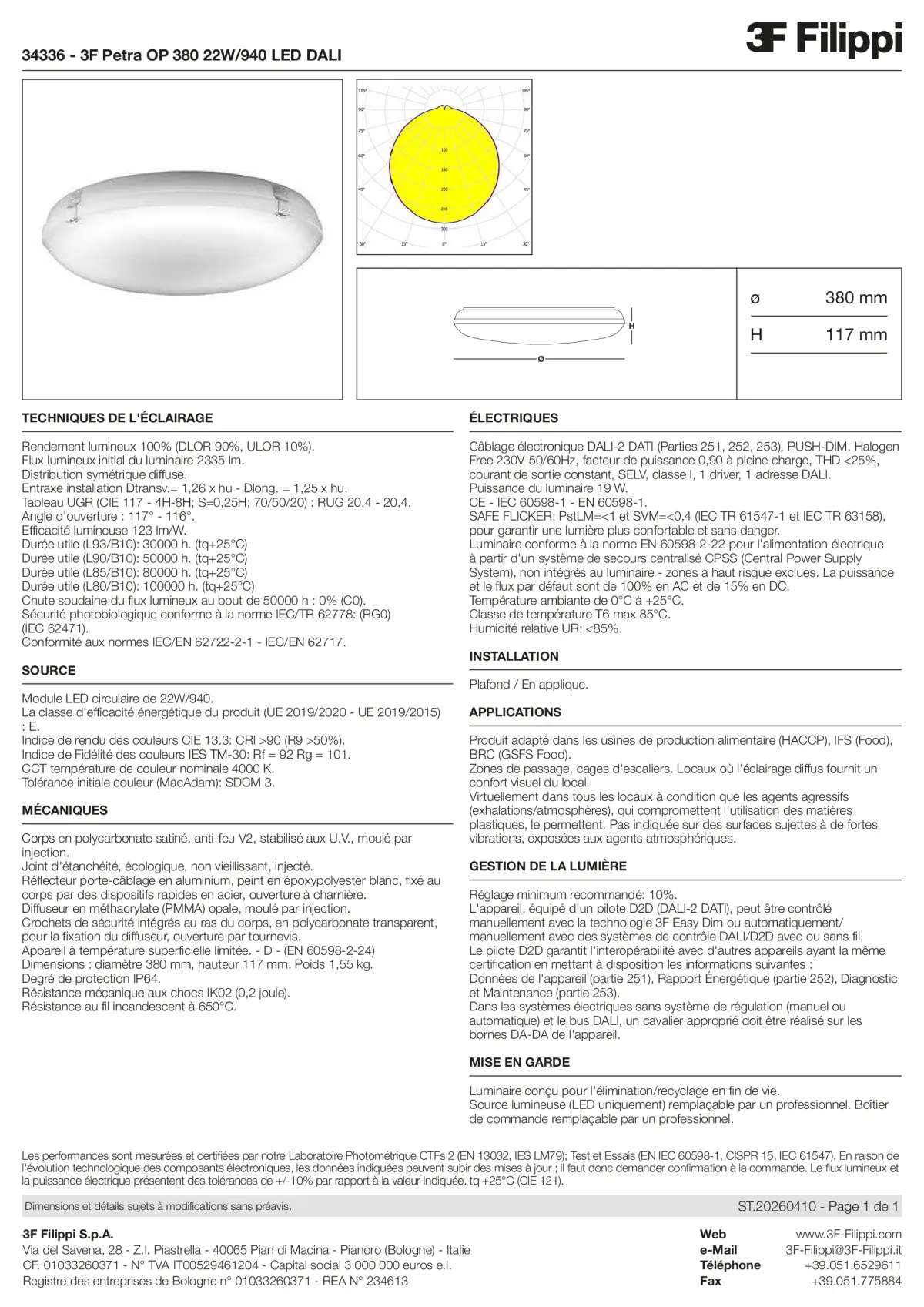 34336 - 3F Petra OP 380 22W-940 LED DALI - Datasheet - fr