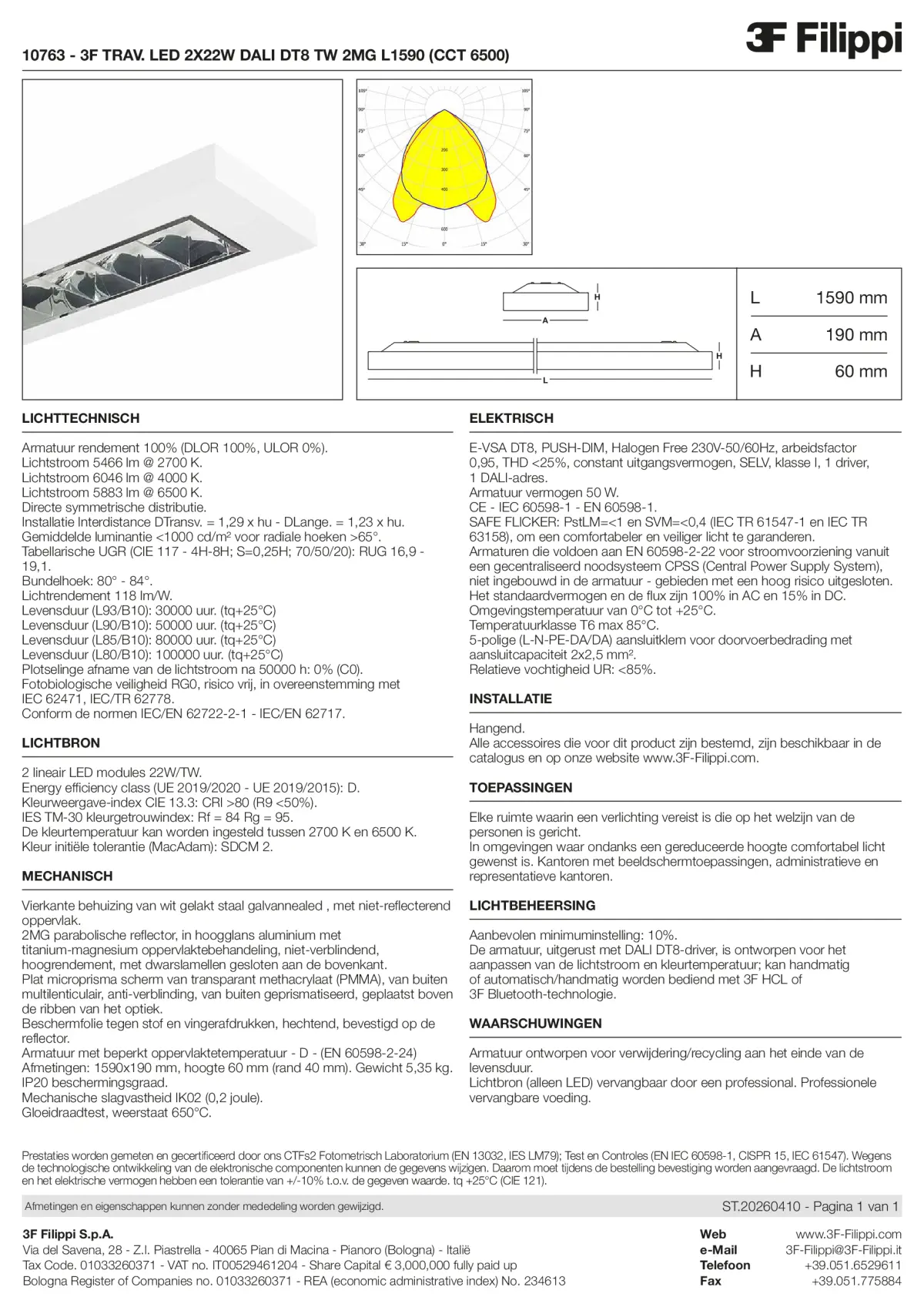 10763 - 3F TRAV. LED 2X22W DALI DT8 TW 2MG L1590 (CCT 6500) - Datasheet - nl