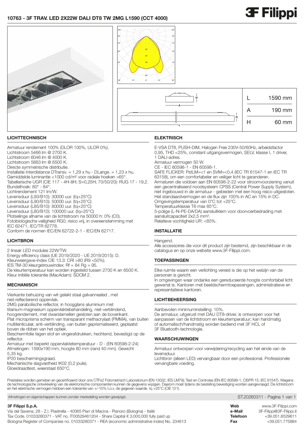 10763 - 3F TRAV. LED 2X22W DALI DT8 TW 2MG L1590 (CCT 4000) - Datasheet - nl