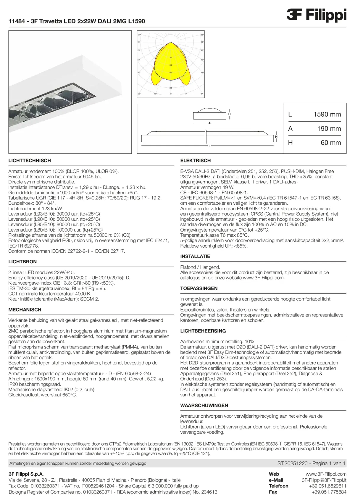 11484 - 3F Travetta LED 2x22W DALI 2MG L1590 - Datasheet - nl