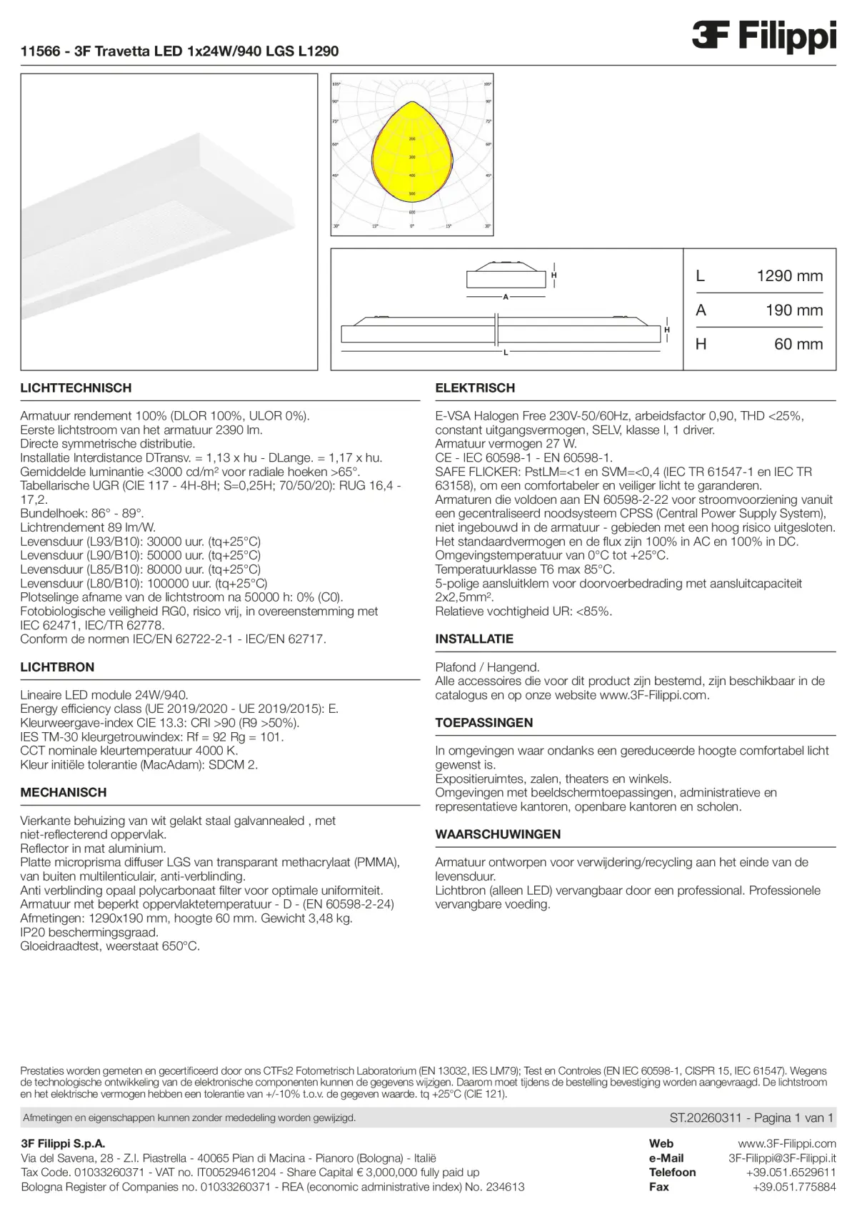 11566 - 3F Travetta LED 1x24W-940 LGS L1290 - Datasheet - nl
