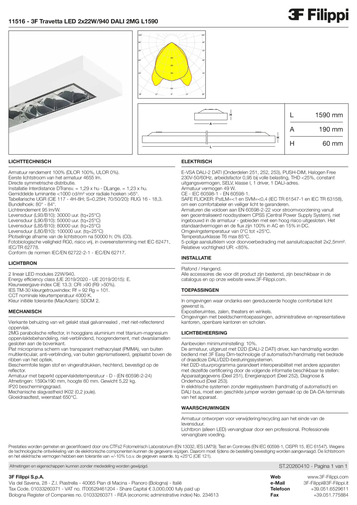 11516 - 3F Travetta LED 2x22W-940 DALI 2MG L1590 - Datasheet - nl