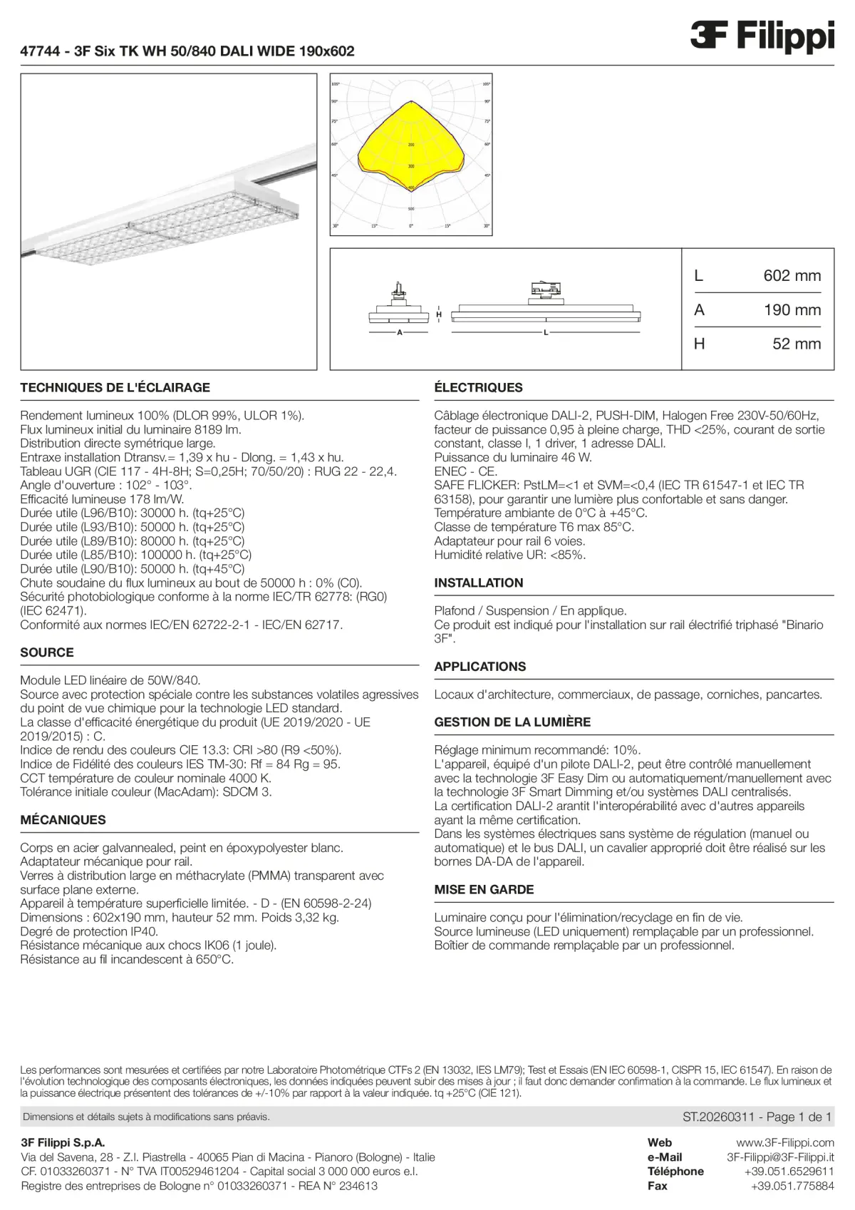 47744 - 3F Six TK WH 50-840 DALI WIDE 190x602 - Datasheet - fr