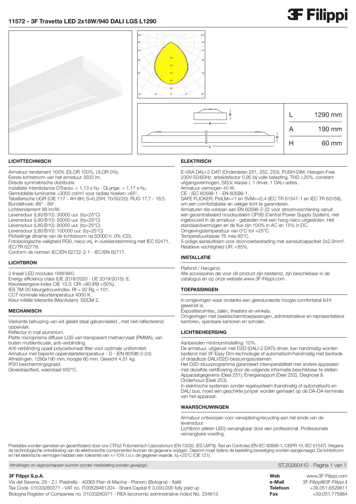 11572 - 3F Travetta LED 2x18W-940 DALI LGS L1290 - Datasheet - nl