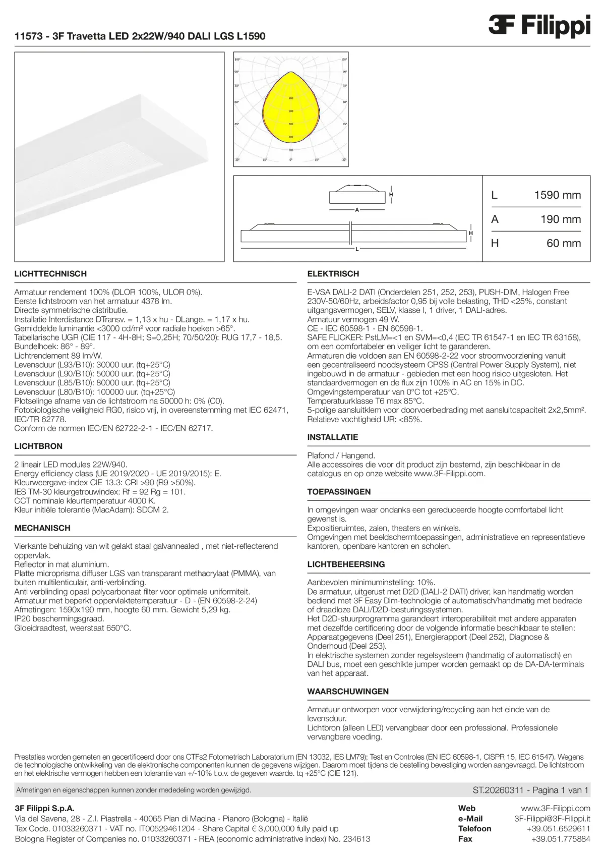 11573 - 3F Travetta LED 2x22W-940 DALI LGS L1590 - Datasheet - nl