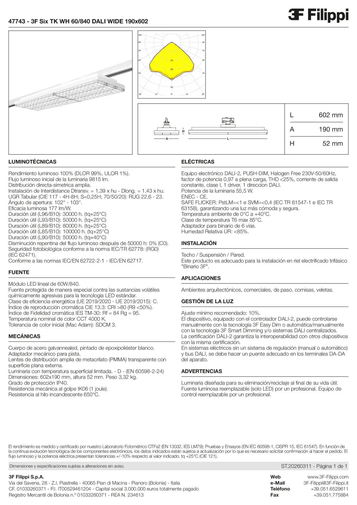 47743 - 3F Six TK WH 60-840 DALI WIDE 190x602 - Datasheet - es