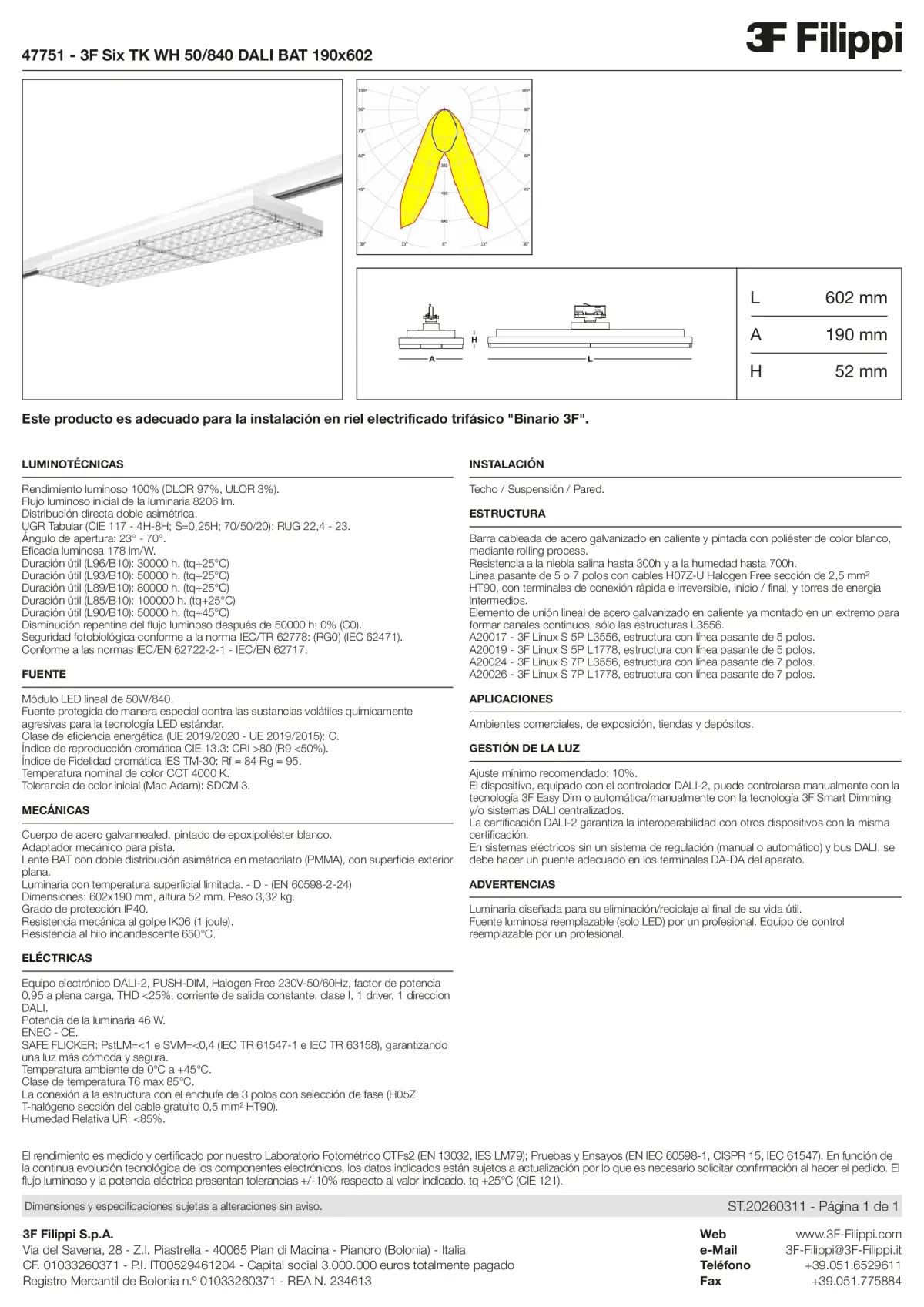 47751 - 3F Six TK WH 50-840 DALI BAT 190x602 - Datasheet - es