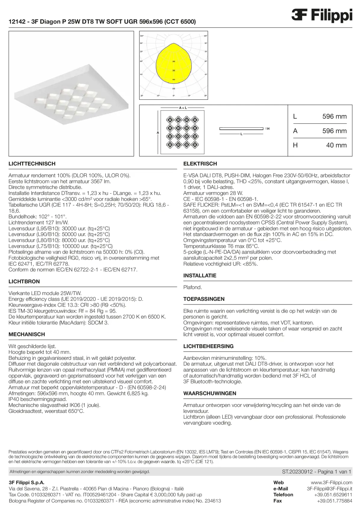12142 - 3F Diagon P 25W DT8 TW SOFT UGR 596x596 (CCT 6500) - Datasheet - nl