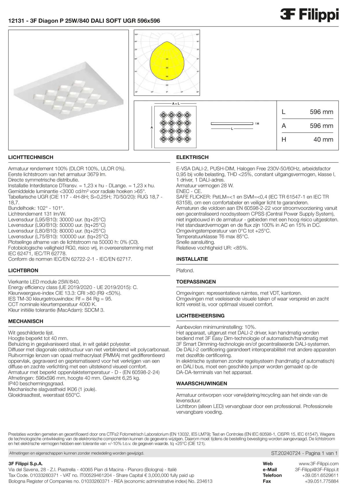 12131 - 3F Diagon P 25W-840 DALI SOFT UGR 596x596 - Datasheet - nl
