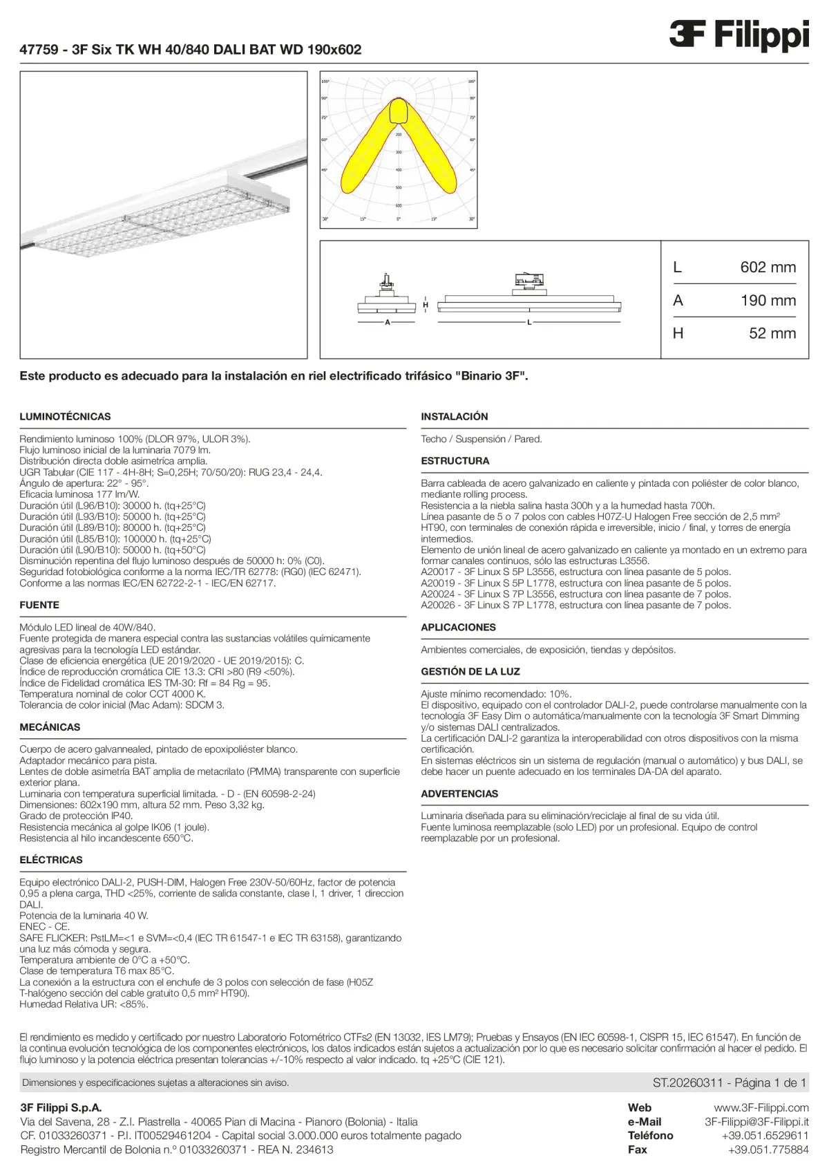 47759 - 3F Six TK WH 40-840 DALI BAT WD 190x602 - Datasheet - es