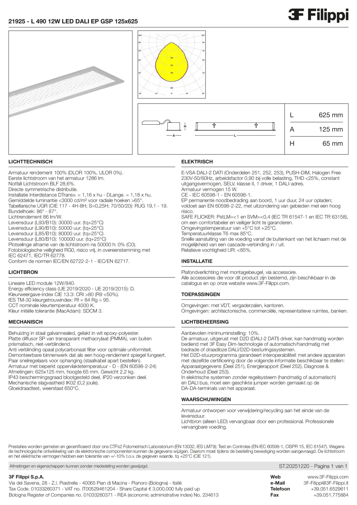 21925 - L 490 12W LED DALI EP GSP 125x625 - Datasheet - nl