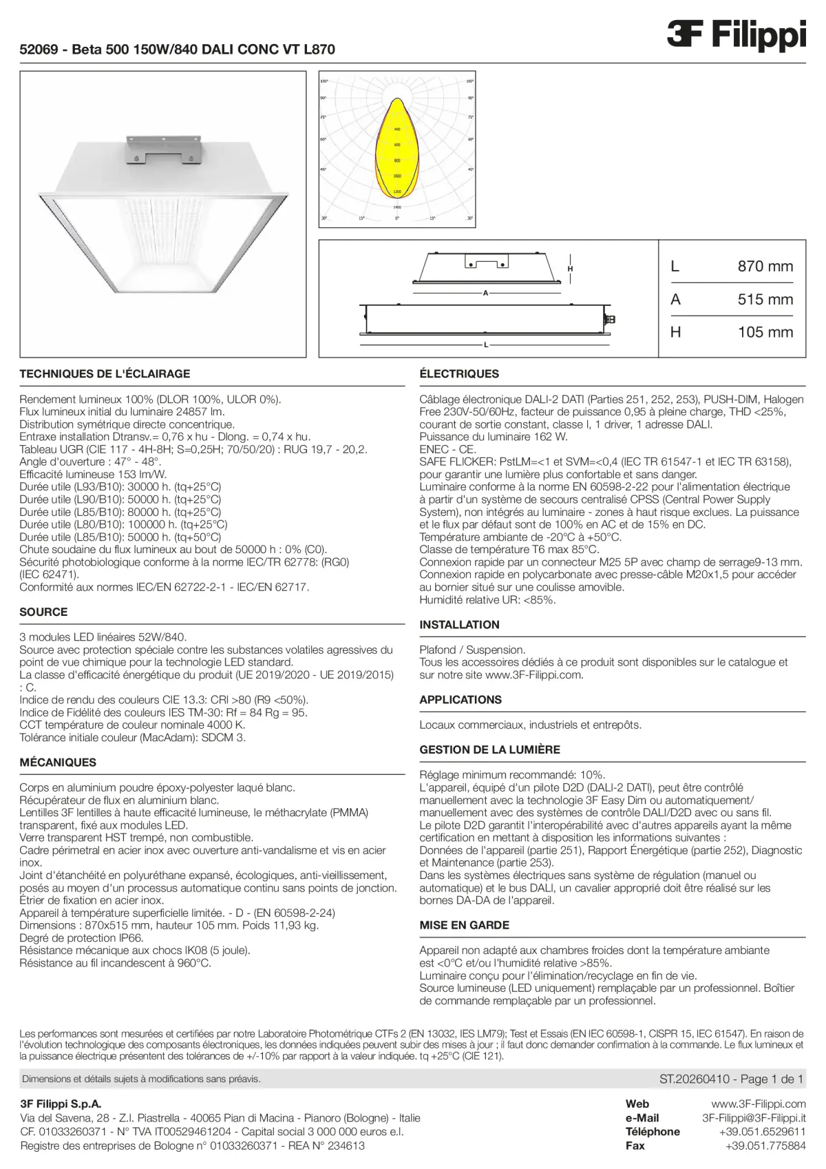 52069 - Beta 500 150W-840 DALI CONC VT L870 - Datasheet - fr