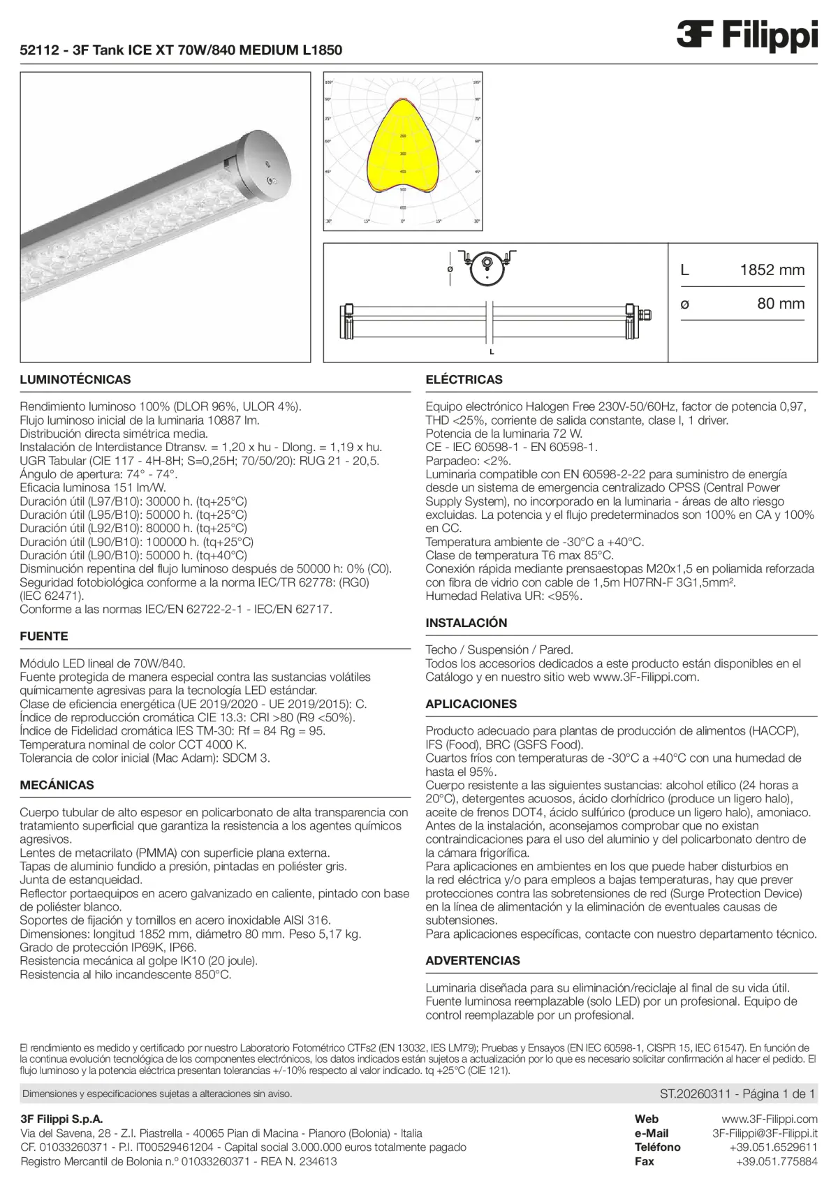 52112 - 3F Tank ICE XT 70W-840 MEDIUM L1850 - Datasheet - es