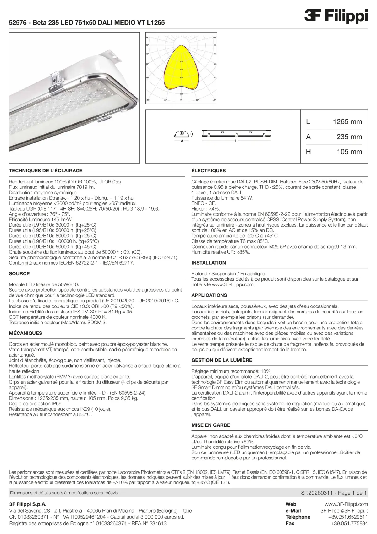 52576 - Beta 235 LED 761x50 DALI MEDIO VT L1265 - Datasheet - fr