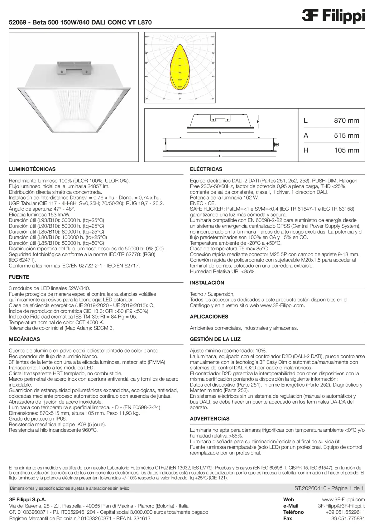 52069 - Beta 500 150W-840 DALI CONC VT L870 - Datasheet - es