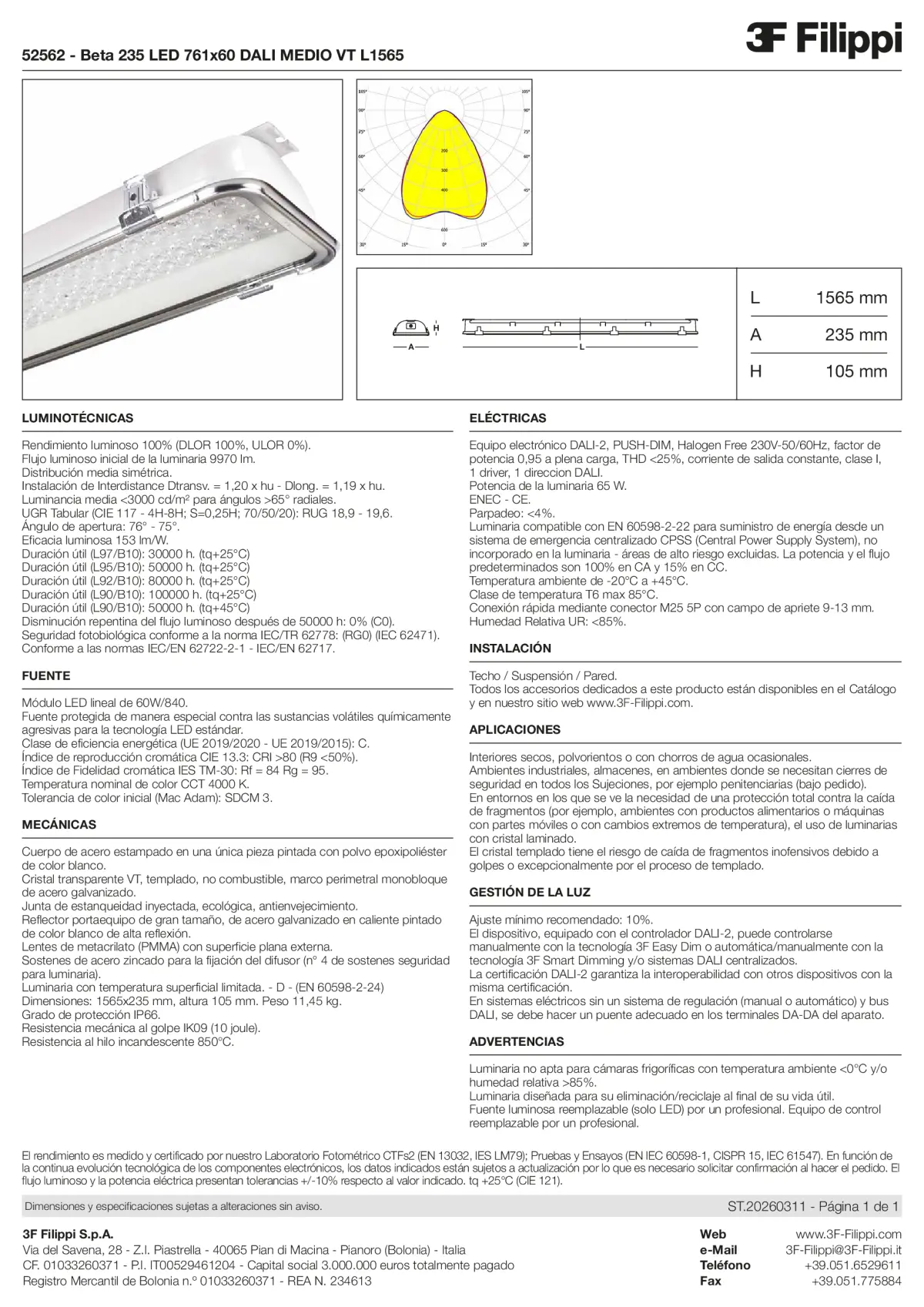 52562 - Beta 235 LED 761x60 DALI MEDIO VT L1565 - Datasheet - es