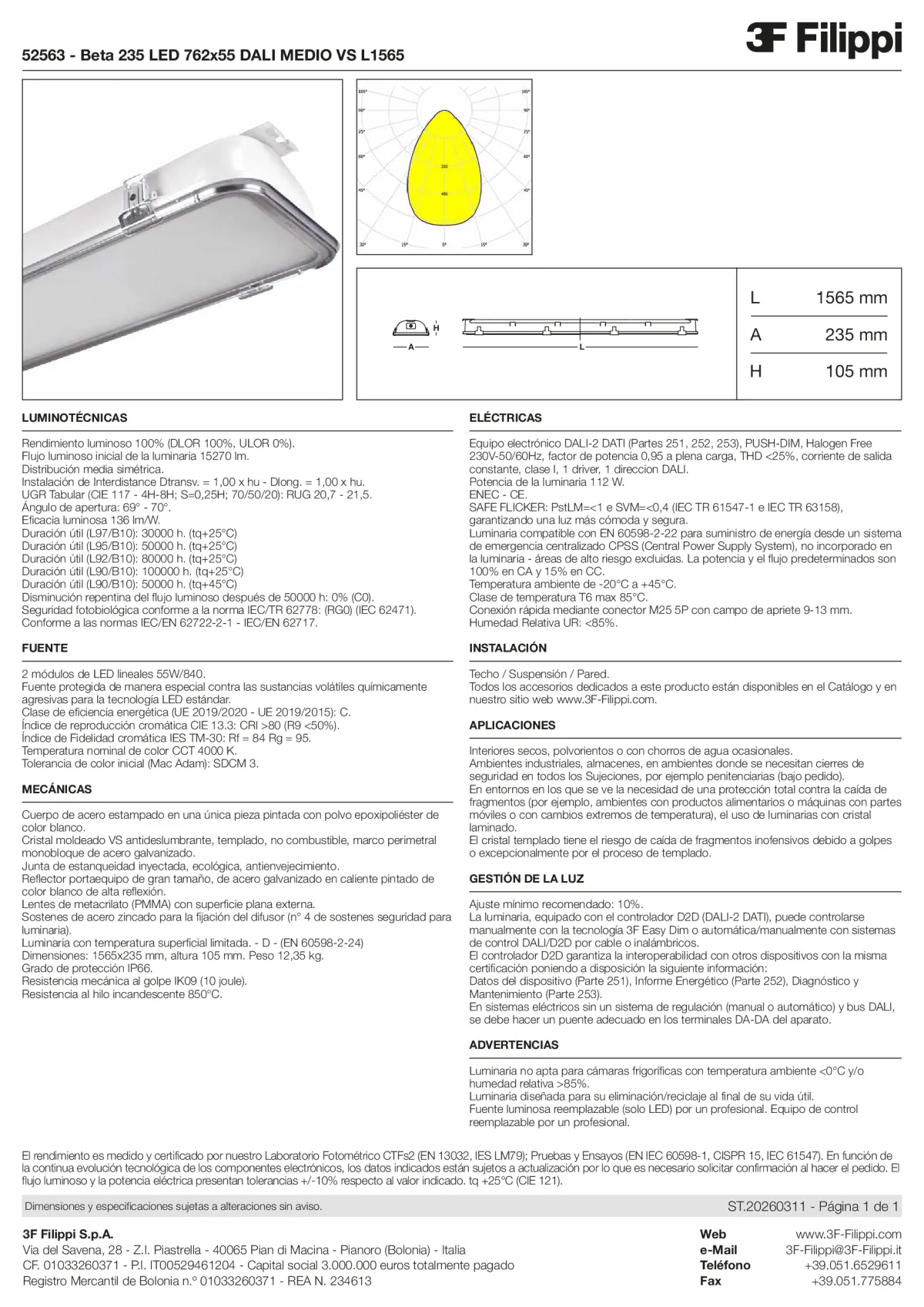 52563 - Beta 235 LED 762x55 DALI MEDIO VS L1565 - Datasheet - es