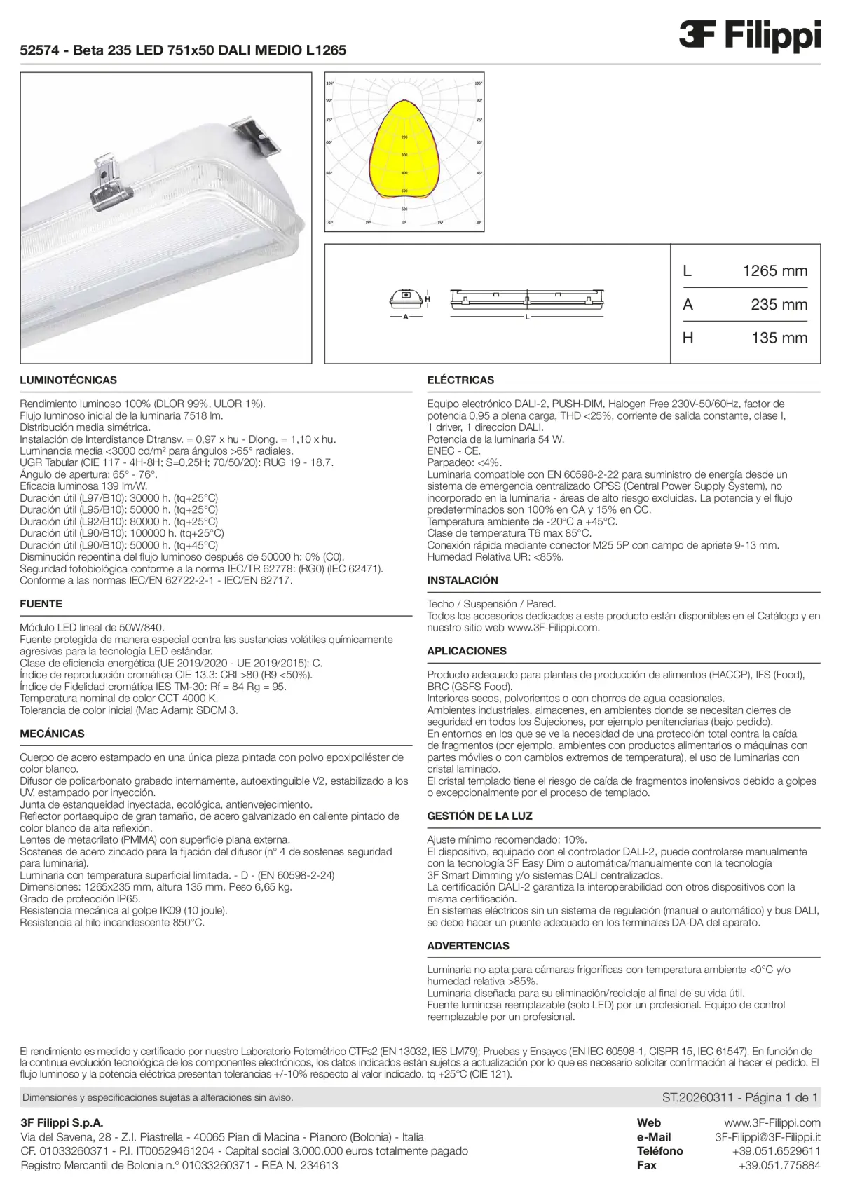 52574 - Beta 235 LED 751x50 DALI MEDIO L1265 - Datasheet - es
