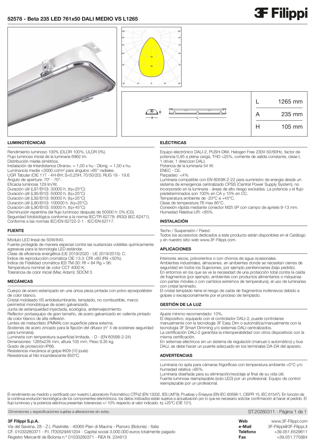 52578 - Beta 235 LED 761x50 DALI MEDIO VS L1265 - Datasheet - es