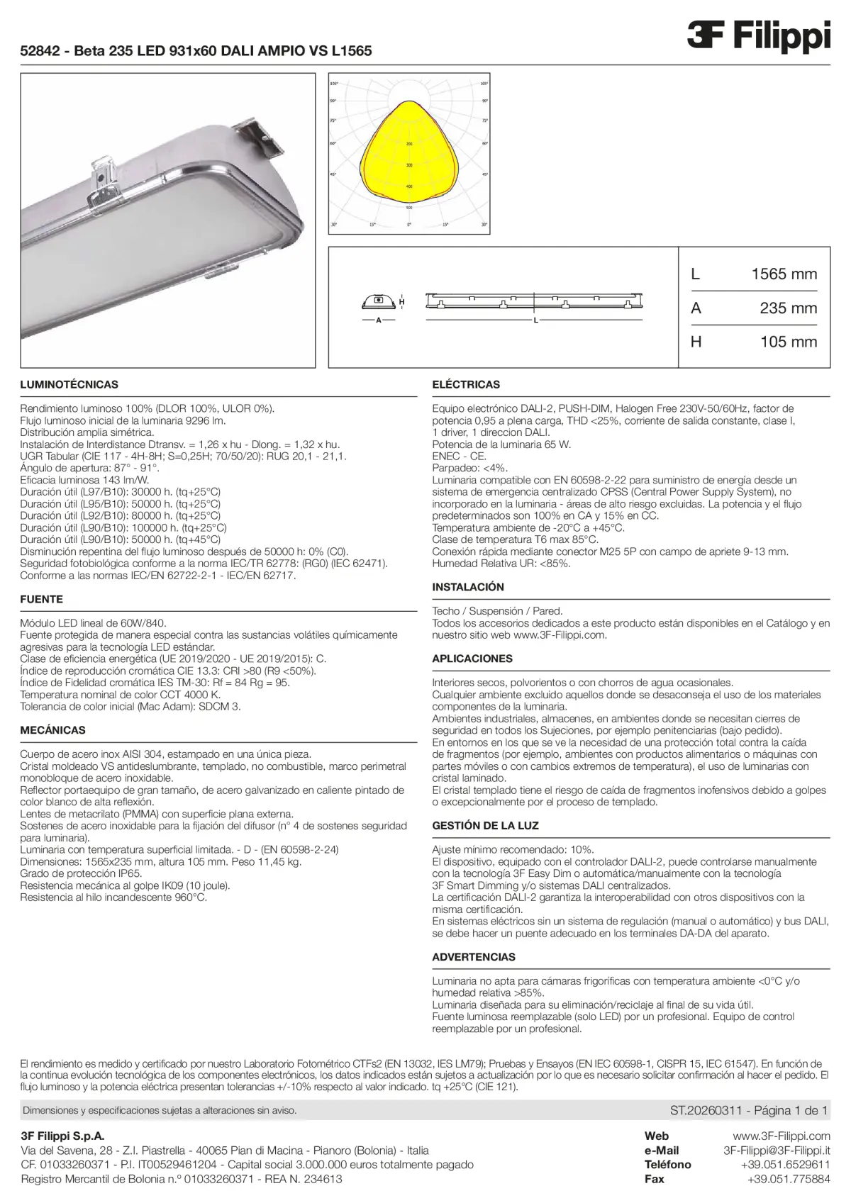 52842 - Beta 235 LED 931x60 DALI AMPIO VS L1565 - Datasheet - es
