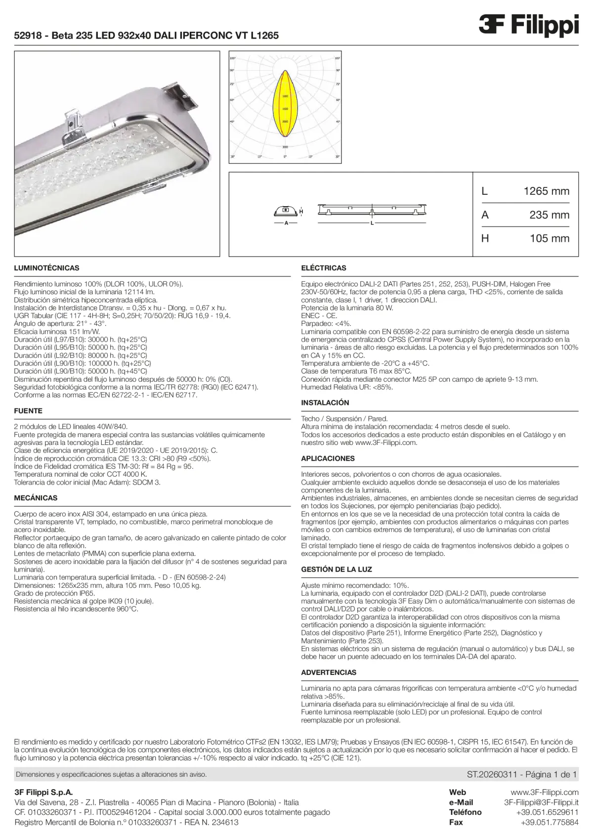 52918 - Beta 235 LED 932x40 DALI IPERCONC VT L1265 - Datasheet - es