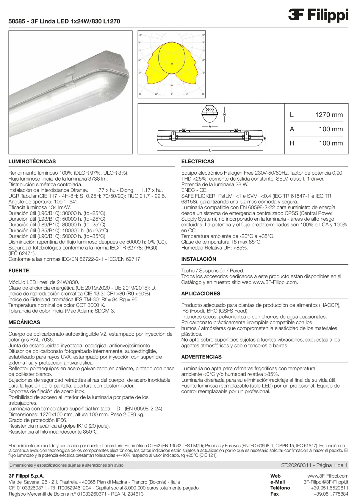 58585 - 3F Linda LED 1x24W-830 L1270 - Datasheet - es