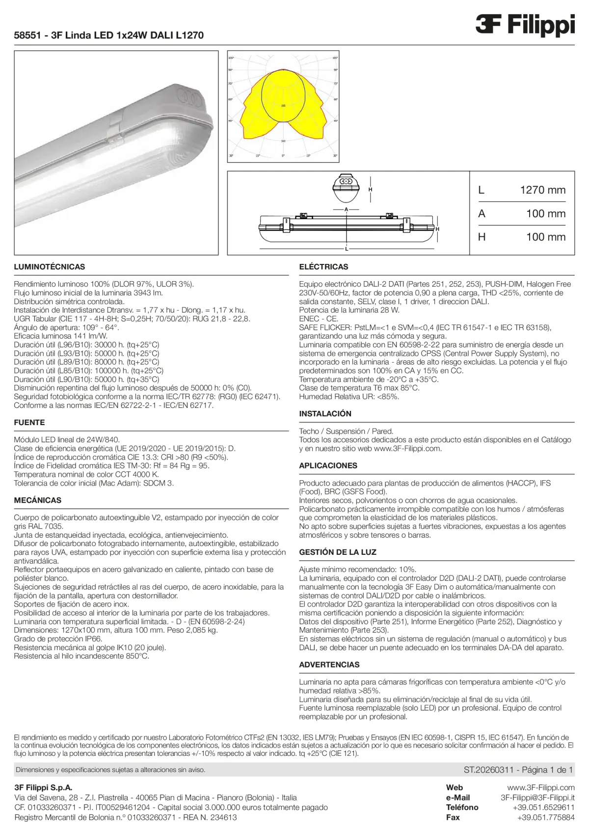 58551 - 3F Linda LED 1x24W DALI L1270 - Datasheet - es