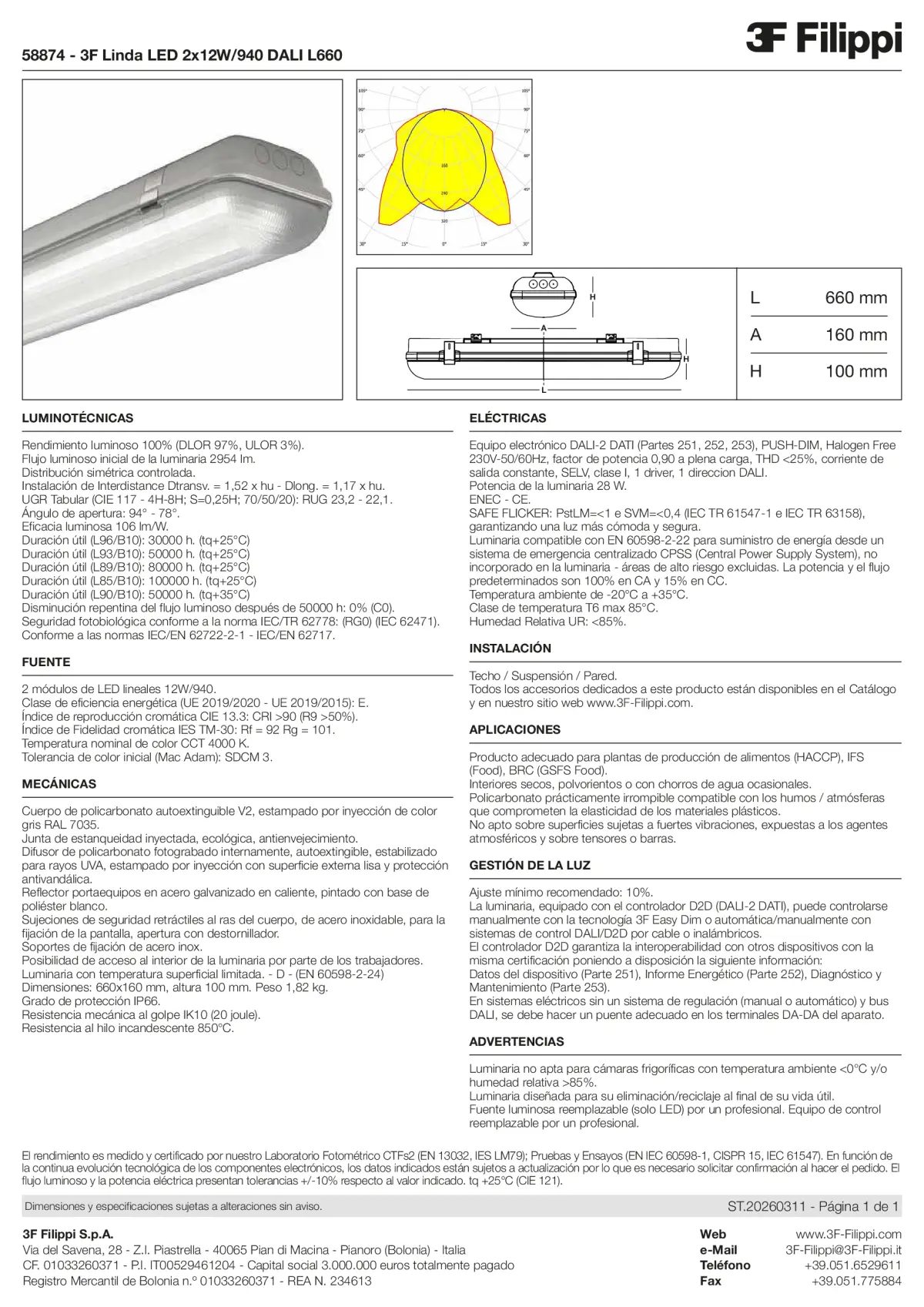 58874 - 3F Linda LED 2x12W-940 DALI L660 - Datasheet - es