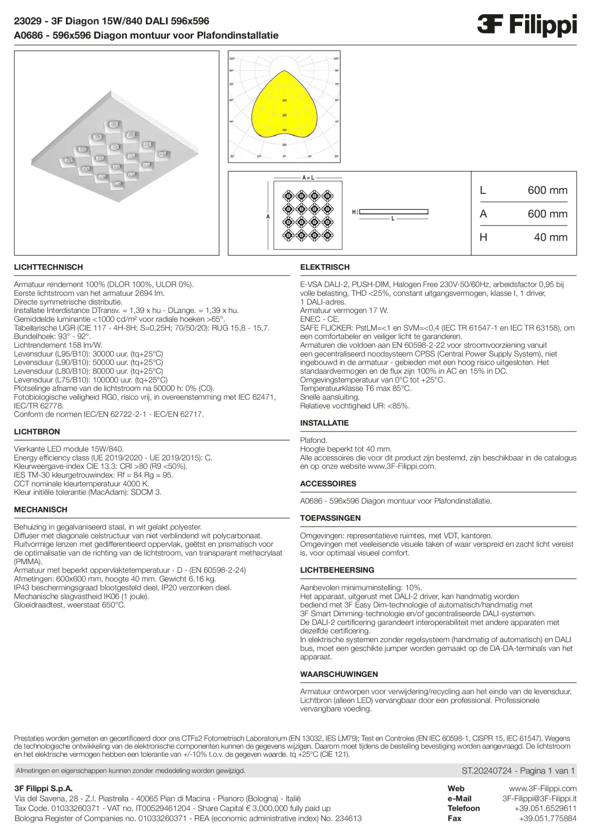 23029+A0686 - 3F Diagon 15W-840 DALI 596x596 + Corn.plaf. - Datasheet - nl