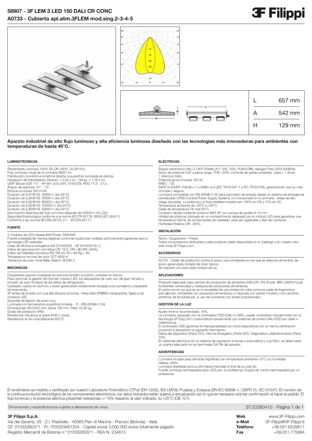 58907+A0733 - 3F LEM 3 LED 150 DALI CR CONC + FOOD - Datasheet - es