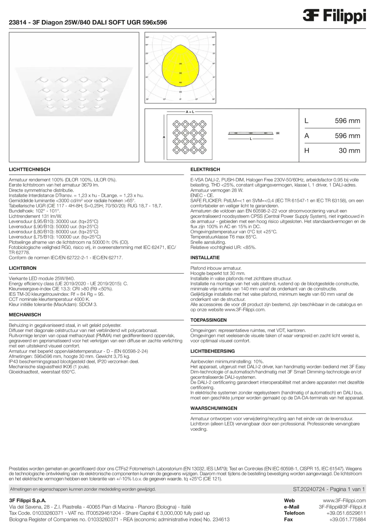 23814 - 3F Diagon 25W-840 DALI SOFT UGR 596x596 - Datasheet - nl