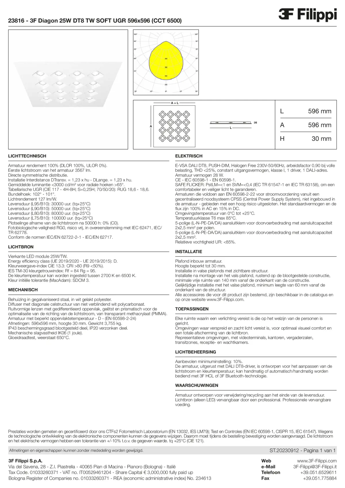 23816 - 3F Diagon 25W DT8 TW SOFT UGR 596x596 (CCT 6500) - Datasheet - nl