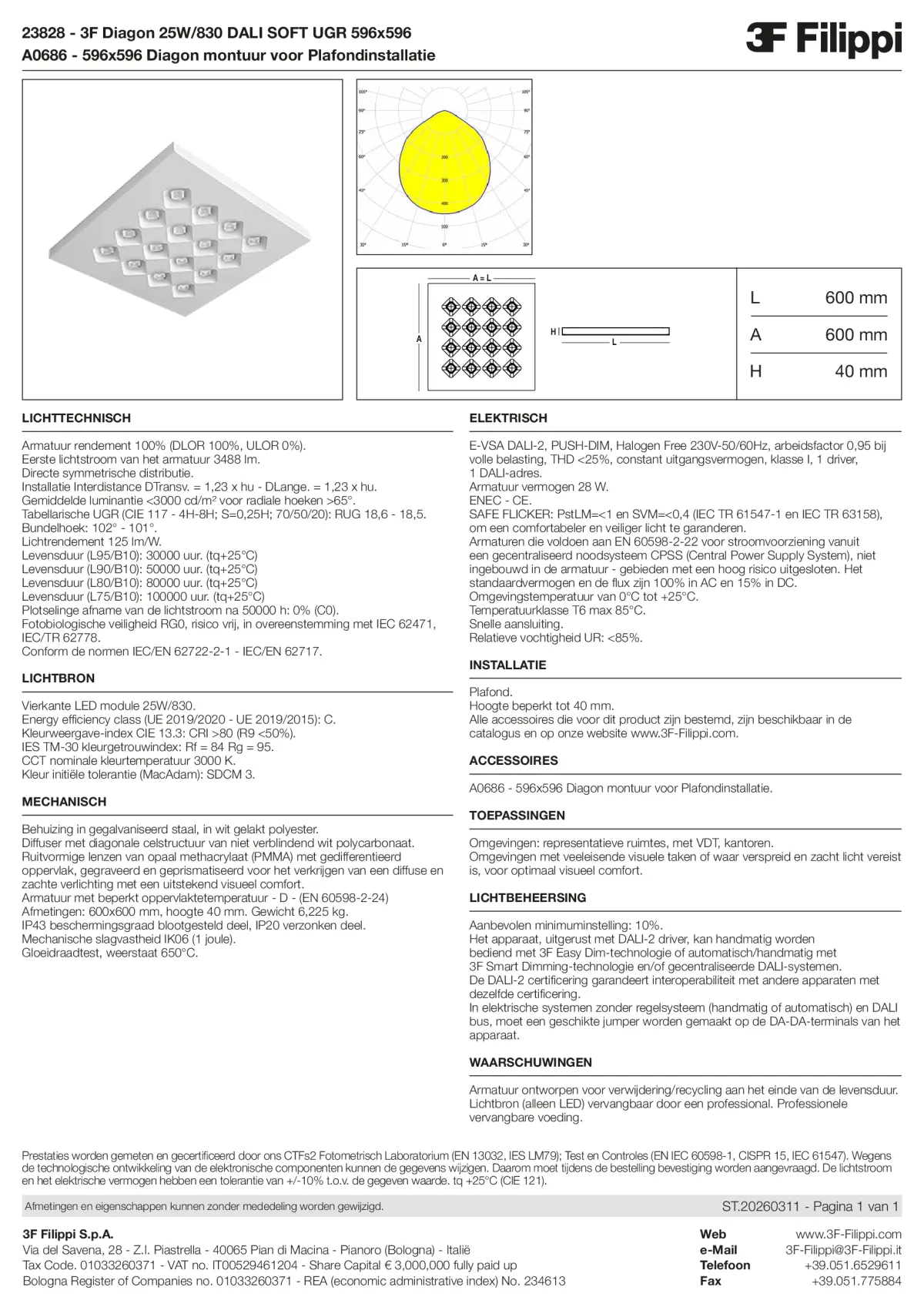 23828+A0686 - 3F Diagon 25W-830 DALI SOFT UGR 596x596 + Corn.plaf. - Datasheet - nl