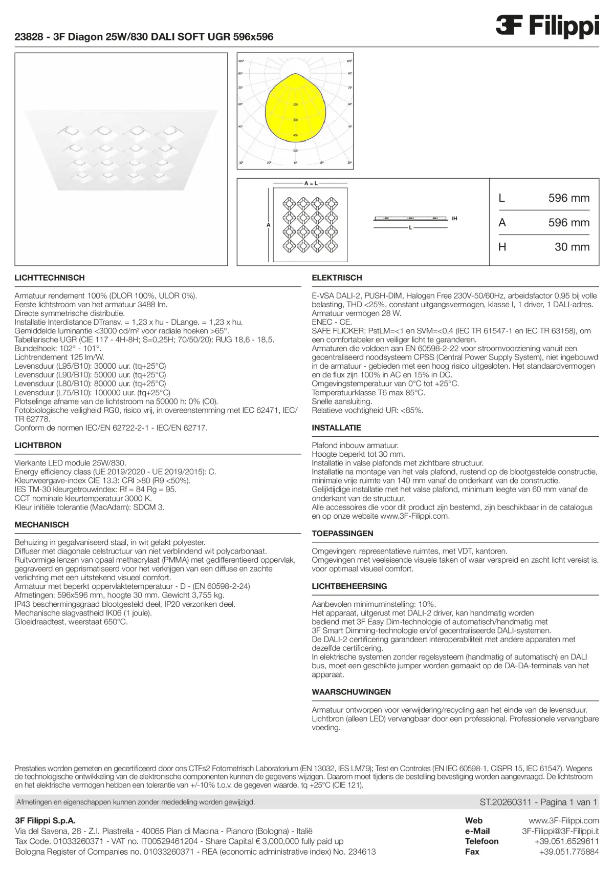 23828 - 3F Diagon 25W-830 DALI SOFT UGR 596x596 - Datasheet - nl