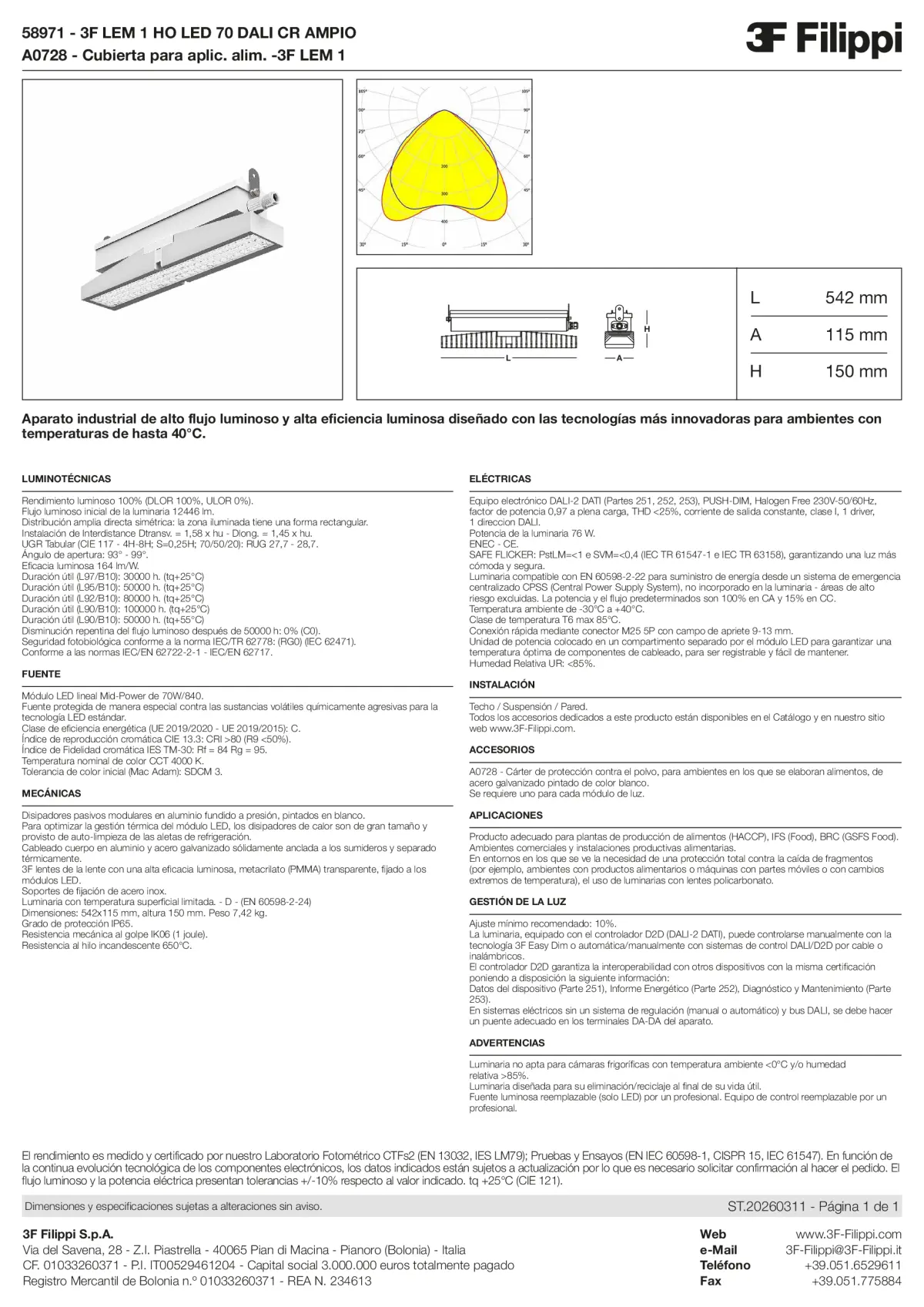 58971+A0728 - 3F LEM 1 HO LED 70 DALI CR AMPIO + FOOD - Datasheet - es