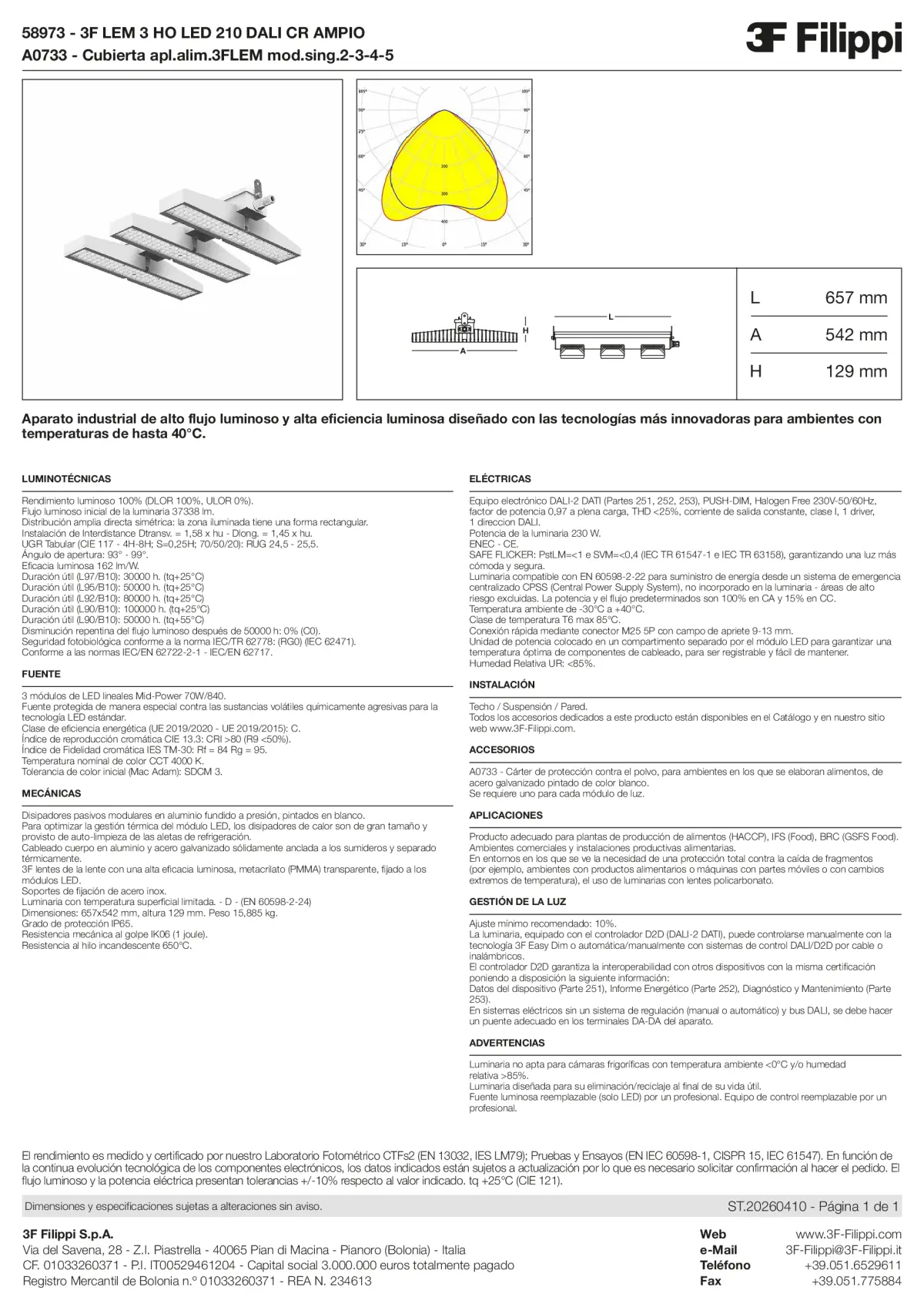 58973+A0733 - 3F LEM 3 HO LED 210 DALI CR AMPIO + FOOD - Datasheet - es