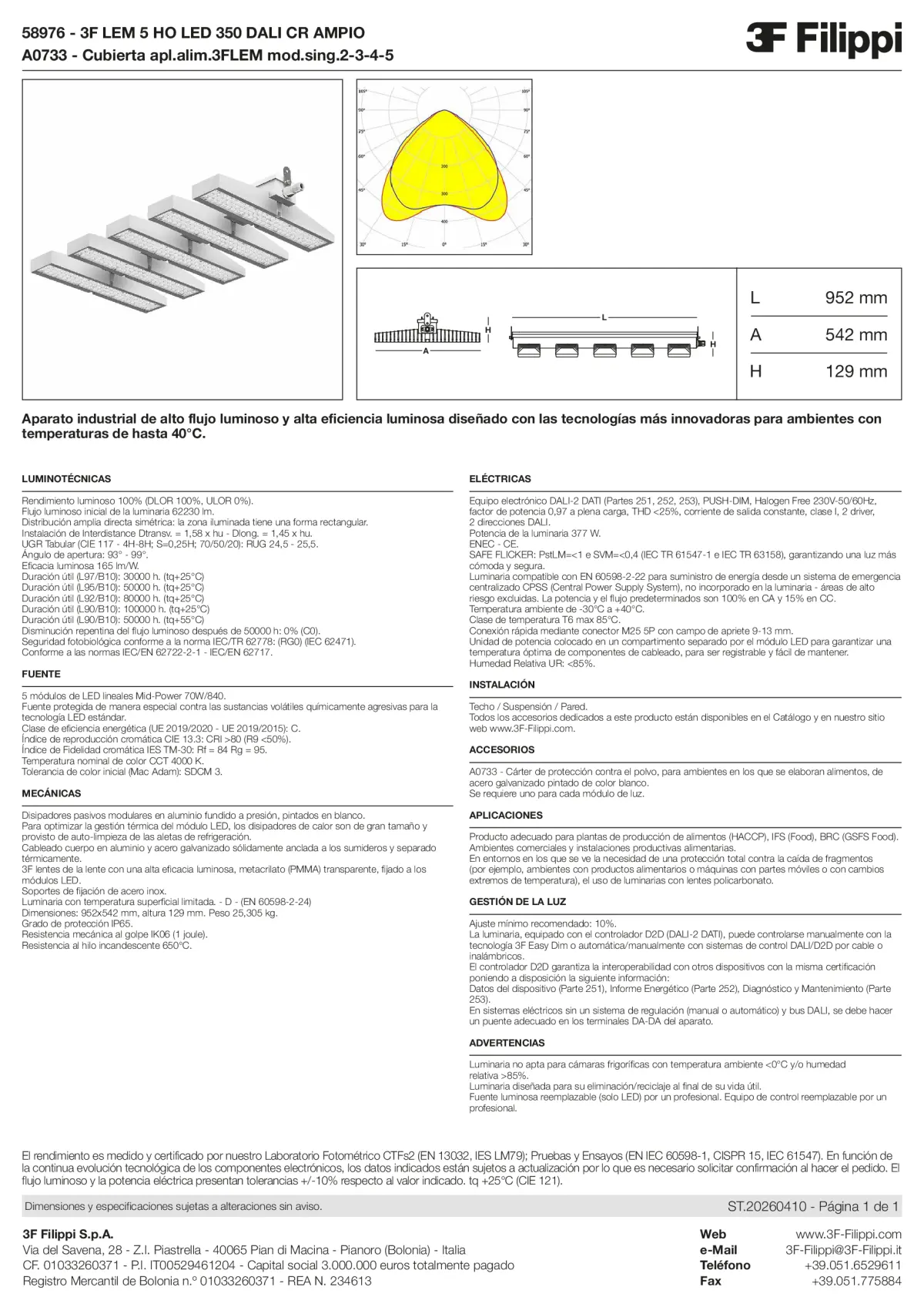 58976+A0733 - 3F LEM 5 HO LED 350 DALI CR AMPIO + FOOD - Datasheet - es