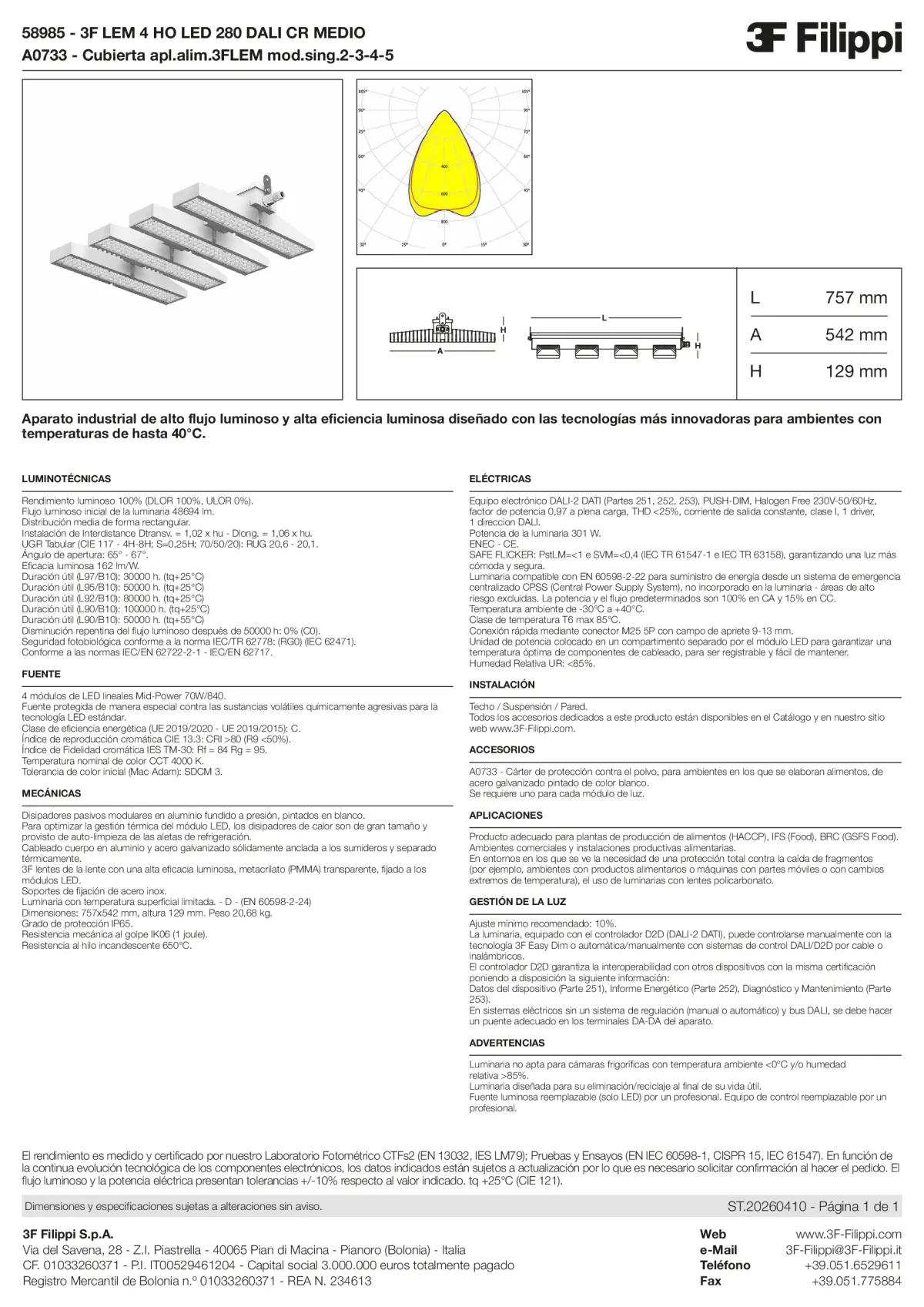 58985+A0733 - 3F LEM 4 HO LED 280 DALI CR MEDIO + FOOD - Datasheet - es