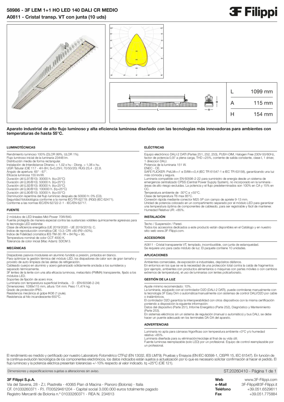 58986+A0811 - 3F LEM 1+1 HO LED 140 DALI CR MEDIO + VT - Datasheet - es