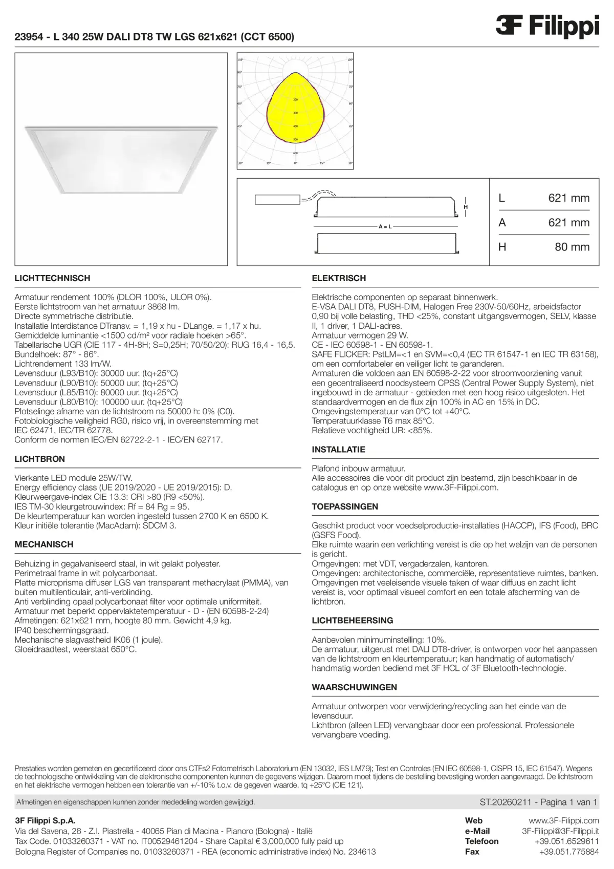 23954 - L 340 25W DALI DT8 TW LGS 621x621 (CCT 6500) - Datasheet - nl